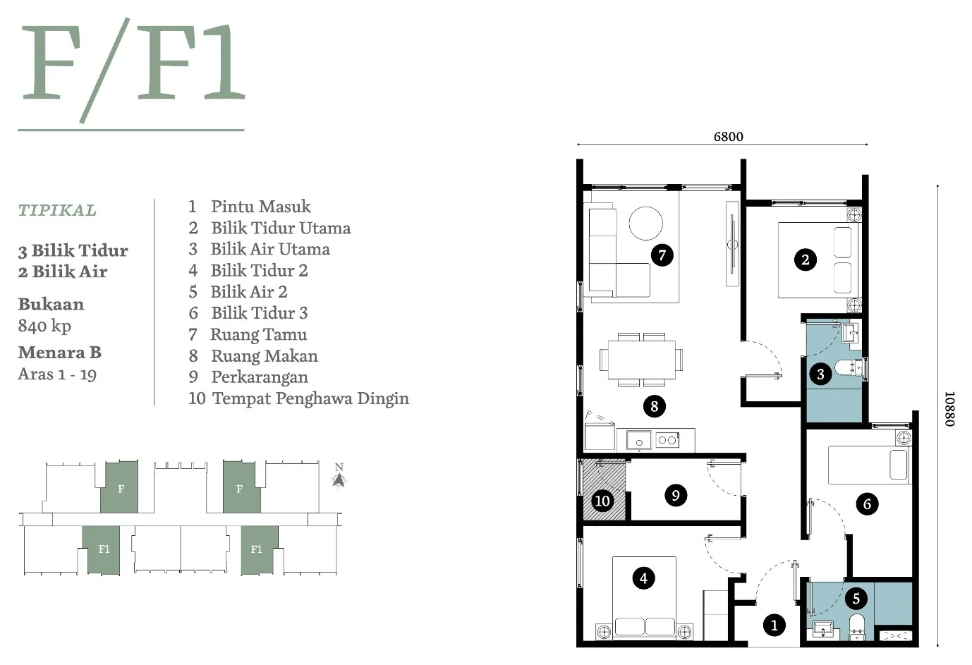 Triuni Residences Tower B Type F / F1 floor plan, three bedrooms and two bathrooms, 840 sq ft, Batu Uban, Penang