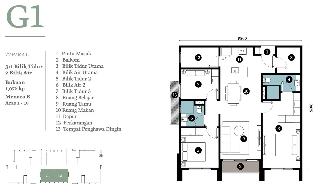 Triuni Residences Tower B Type G1 floor plan, three bedrooms plus a study room and two bathrooms, 1,076 sq ft, Batu Uban, Penang
