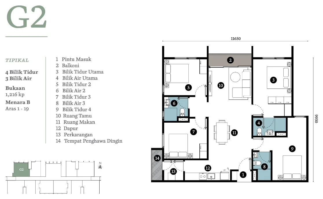 Triuni Residences Tower B Type G2 floor plan, four bedrooms and three bathrooms, 1,216 sq ft, Batu Uban, Penang