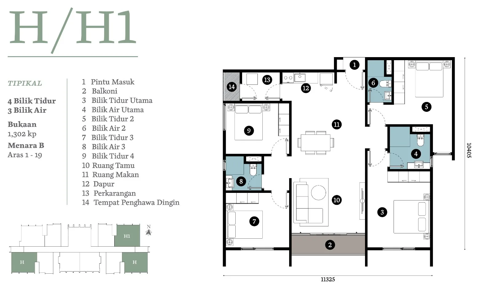 Triuni Residences Tower B Type H / H1 floor plan, four bedrooms and three bathrooms, 1,302 sq ft, Batu Uban, Penang