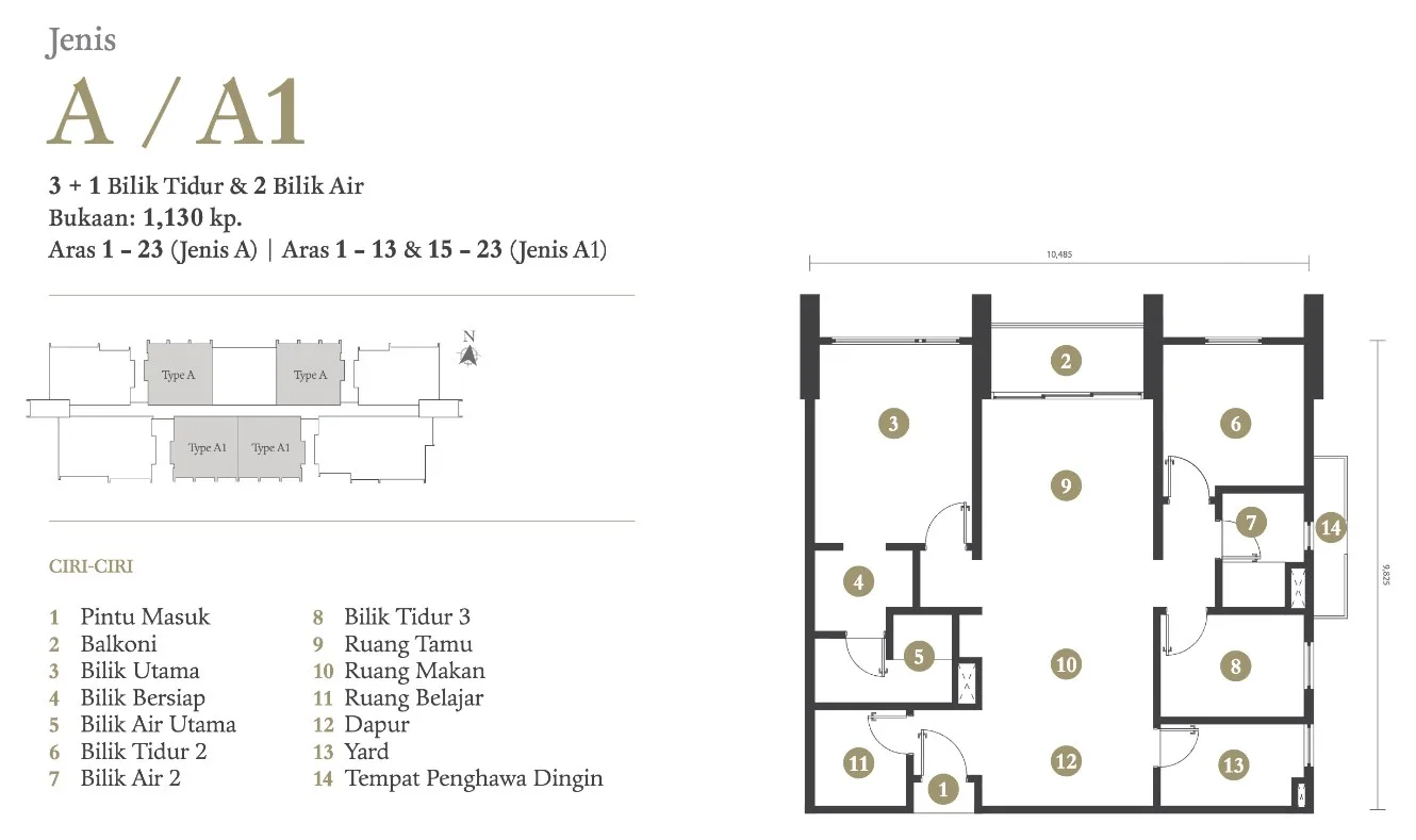 Triuni Residences Tower C Type A / A1 floor plan, 3+1 bedrooms and two bathrooms, 1,130 sq ft, Batu Uban, Penang