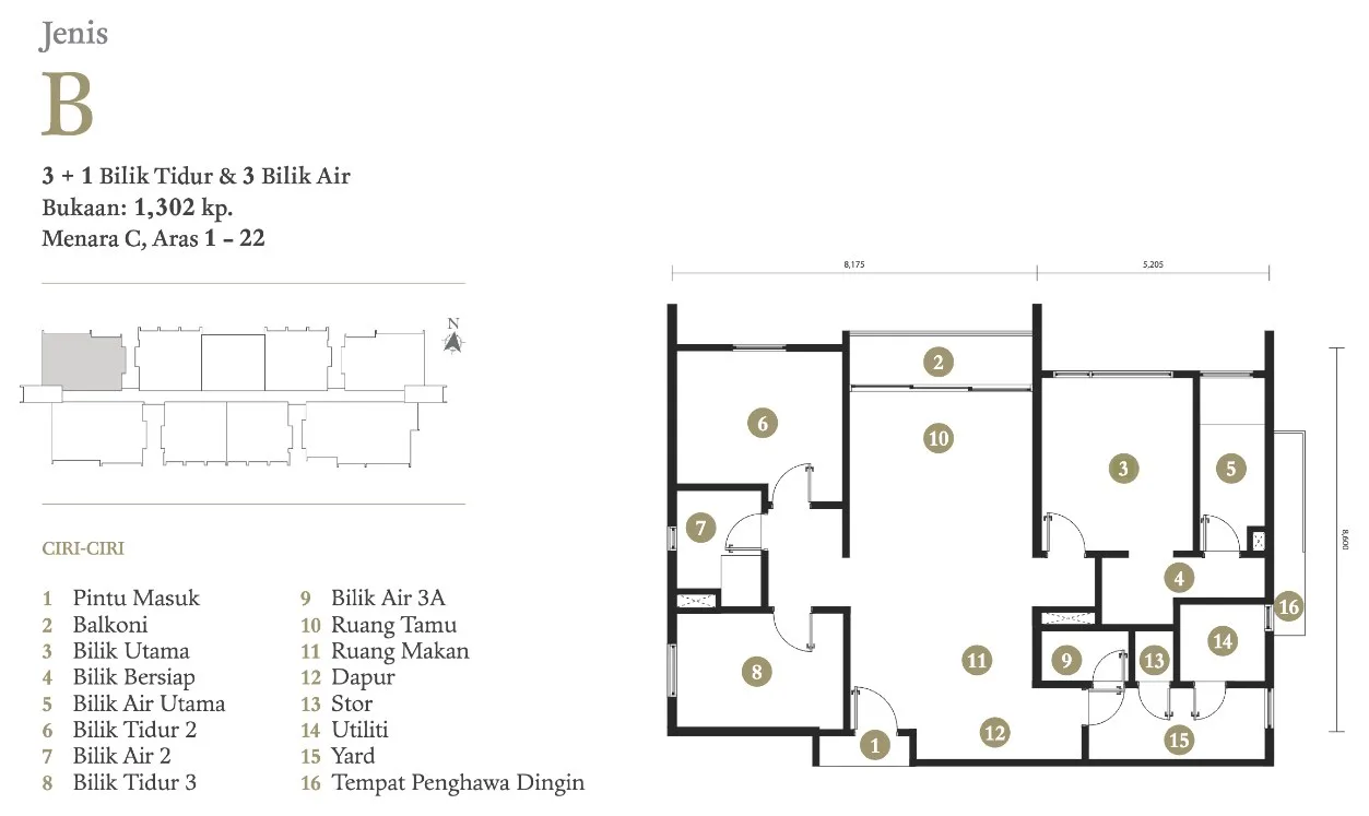 Triuni Residences Tower C Type B floor plan, 3+1 bedrooms and three bathrooms, 1,302 sq ft, Batu Uban, Penang