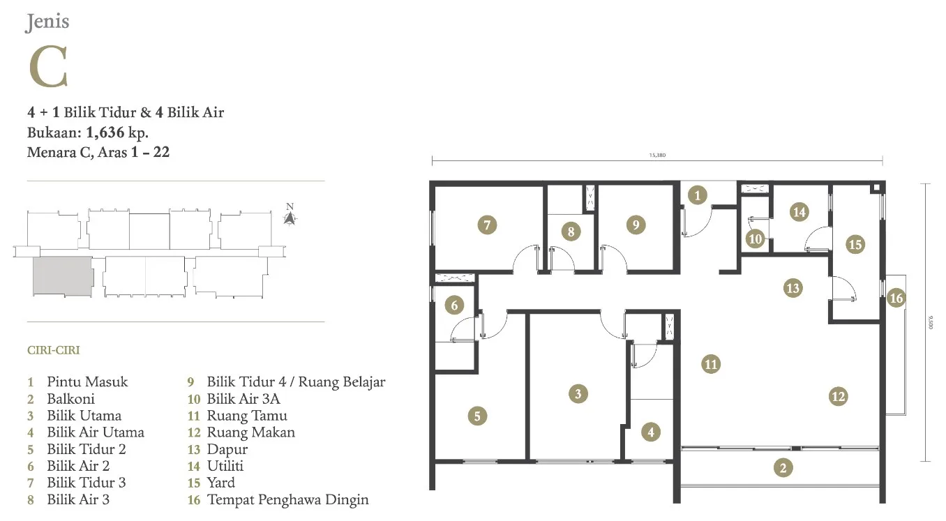 Triuni Residences Tower C Type C floor plan, 4+1 bedrooms and four bathrooms, 1,636 sq ft, Batu Uban, Penang