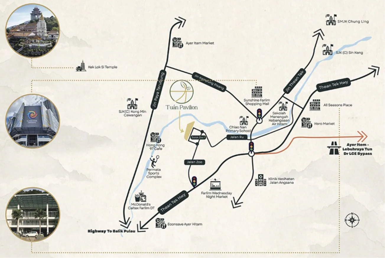 Tuan Pavilion 位置图，标示 Solok Zoo 1、Jalan Zoo、Thean Tek 大道及周边学校与巴刹，槟城亚依淡