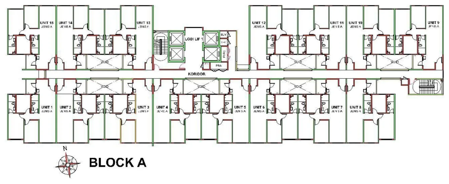 TwinStar Block A typical floor plan with 15 Type A homes along a central corridor, Jelutong, Penang