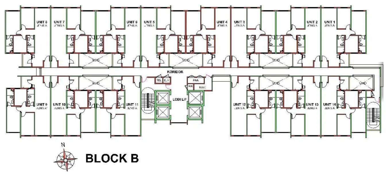 TwinStar Block B typical floor plan with 14 Type A homes along a central corridor, Jelutong, Penang