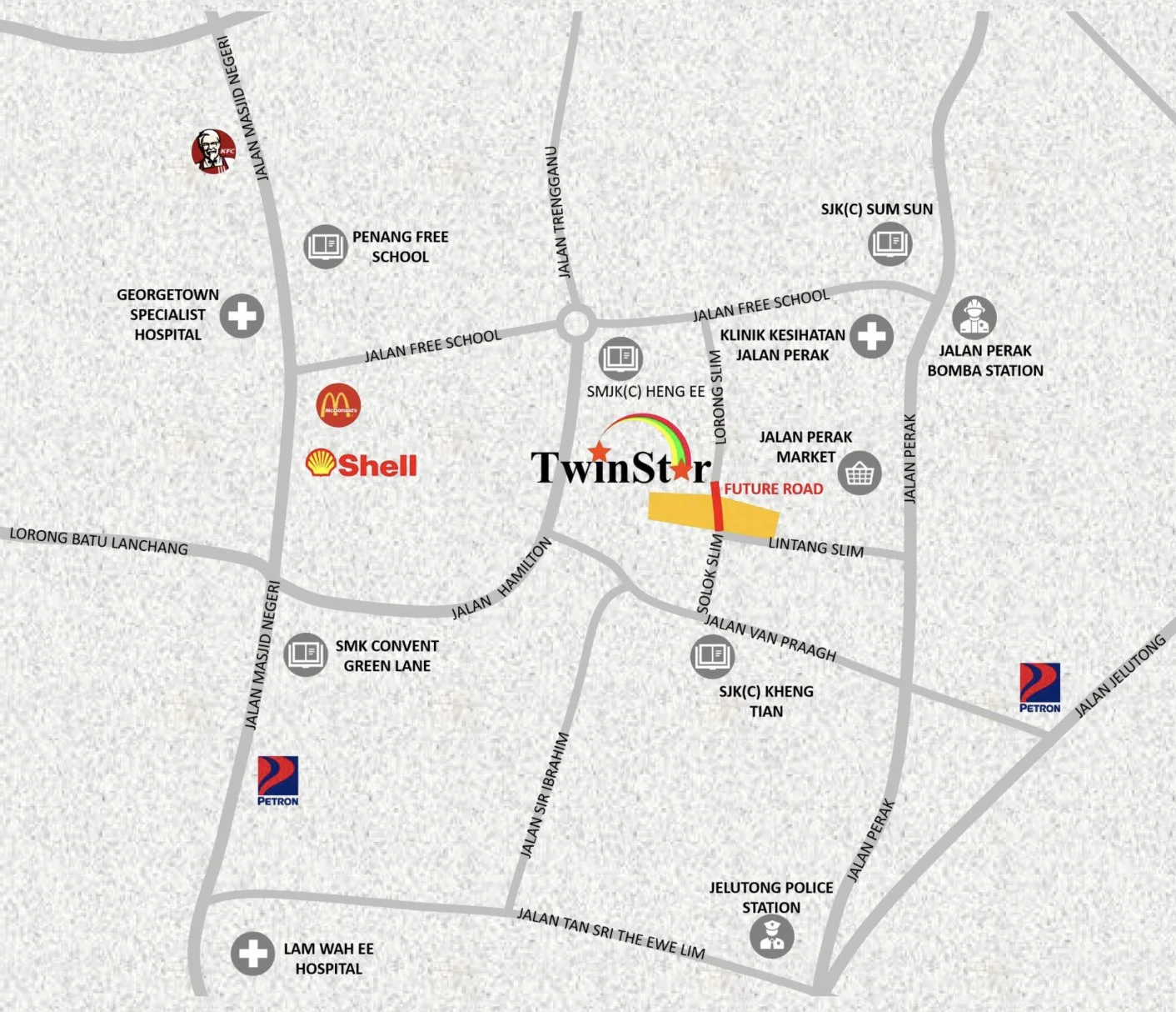 TwinStar location plan showing Lintang Slim, Lorong Slim, Jalan Hamilton, Jalan Perak and nearby schools, Jelutong, Penang
