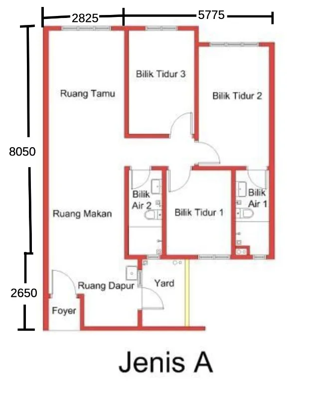 TwinStar Type A unit plan with three bedrooms, two bathrooms, living and dining area, kitchen, foyer and yard, Jelutong, Penang
