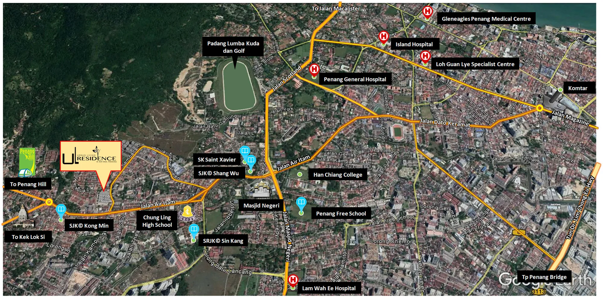 UL Residence location map published by the developer, showing Jalan Air Itam, schools and hospitals, Air Itam, Penang
