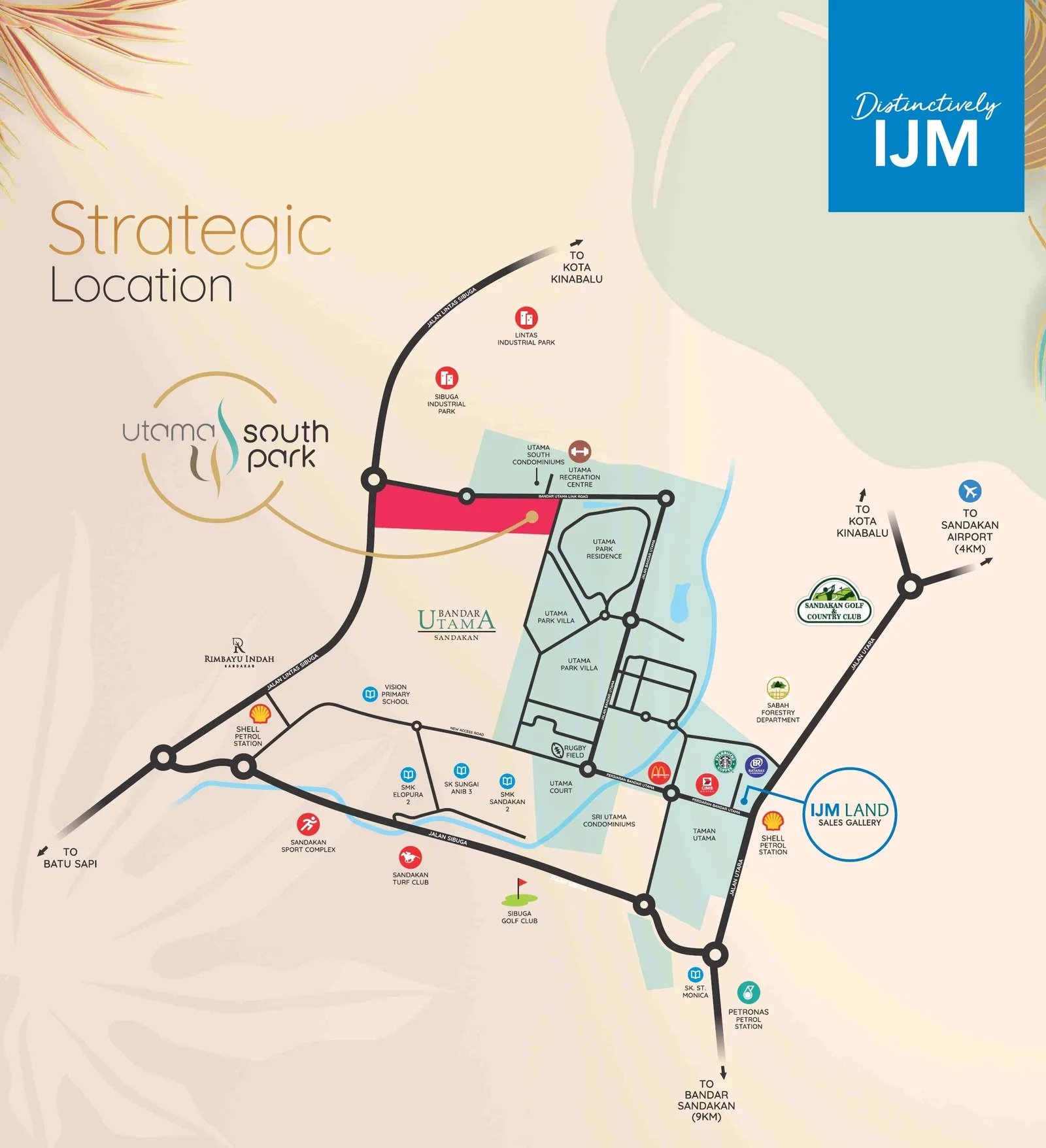 沙巴山打根 Bandar Utama 的 Utama South Park 位置图——山打根 Bandar Utama 内的 Utama South Park，以及机场、学校与 Jalan Lintas Sibuga（发展商手册）