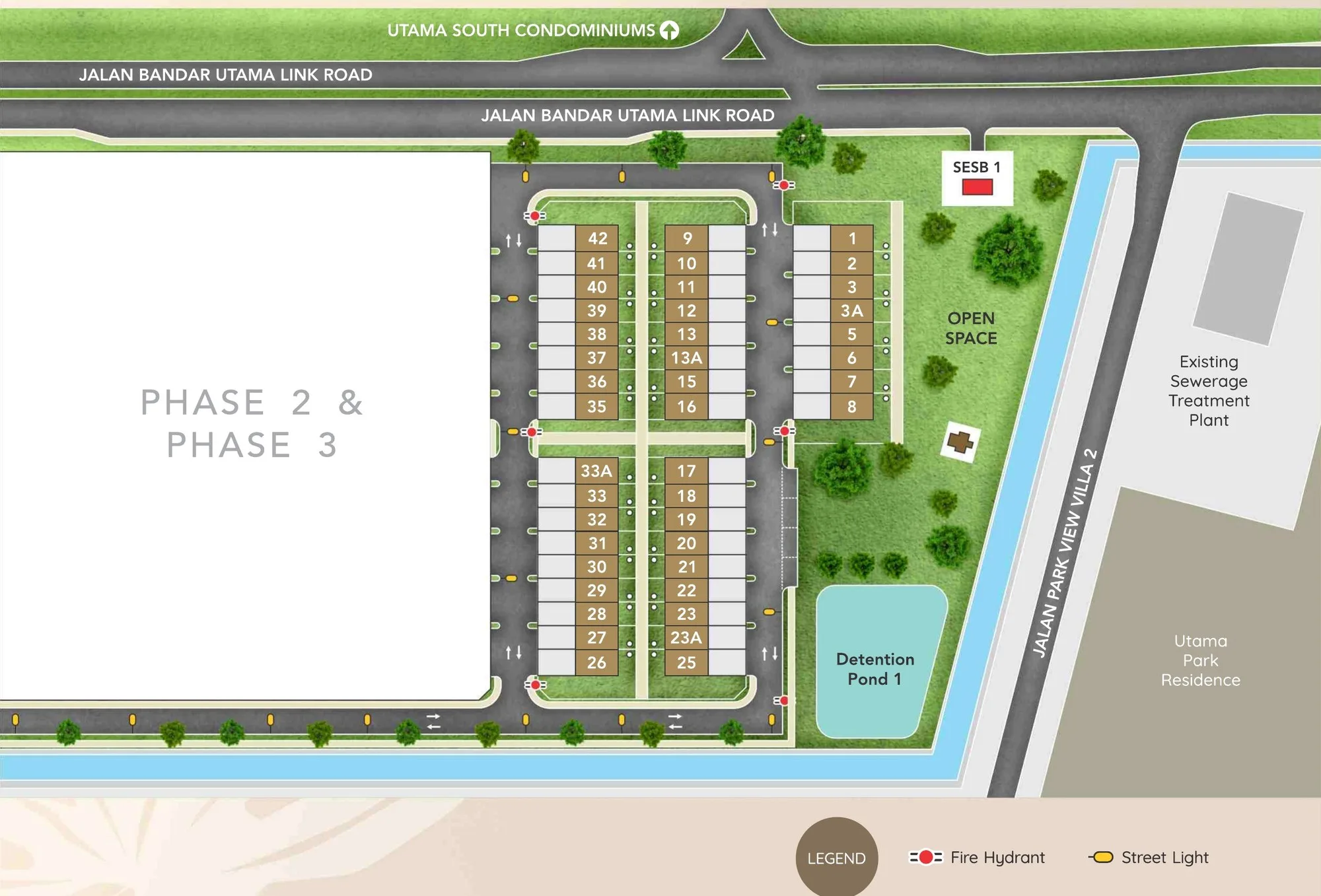 沙巴山打根 Bandar Utama 的 Utama South Park 第一期总体规划图（含地段编号）