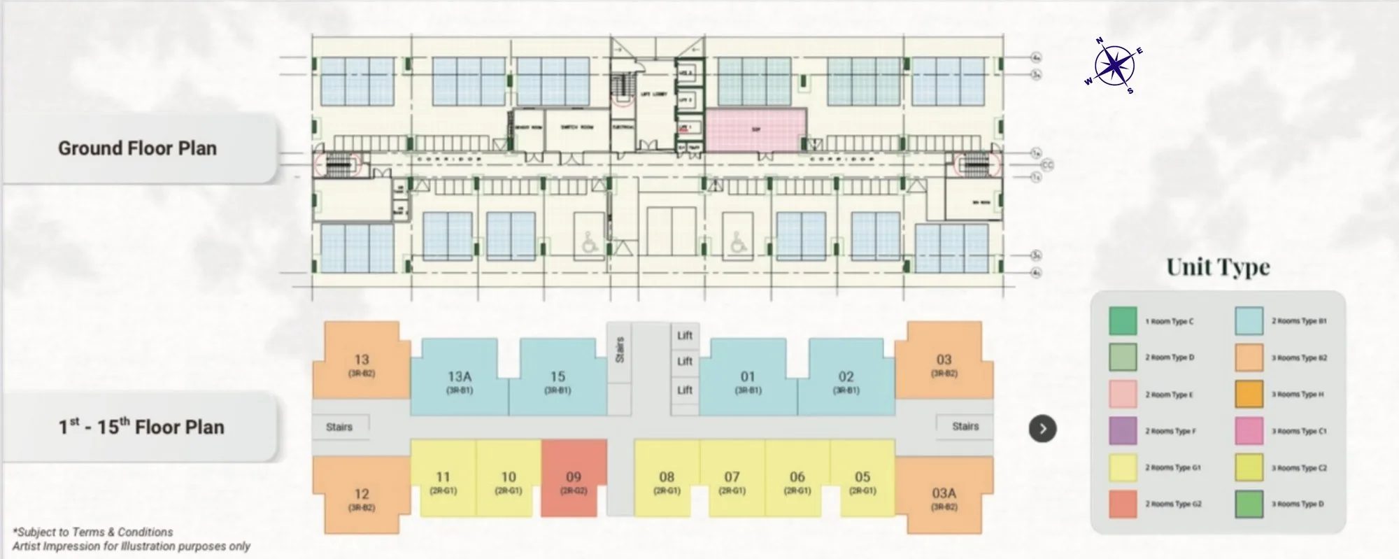 沙巴亚庇工业园(KKIP)Sepanggar V21 Residence 第二阶段 05 座底层与 1 至 15 楼平面图,标示各户型位置(发展商手册)