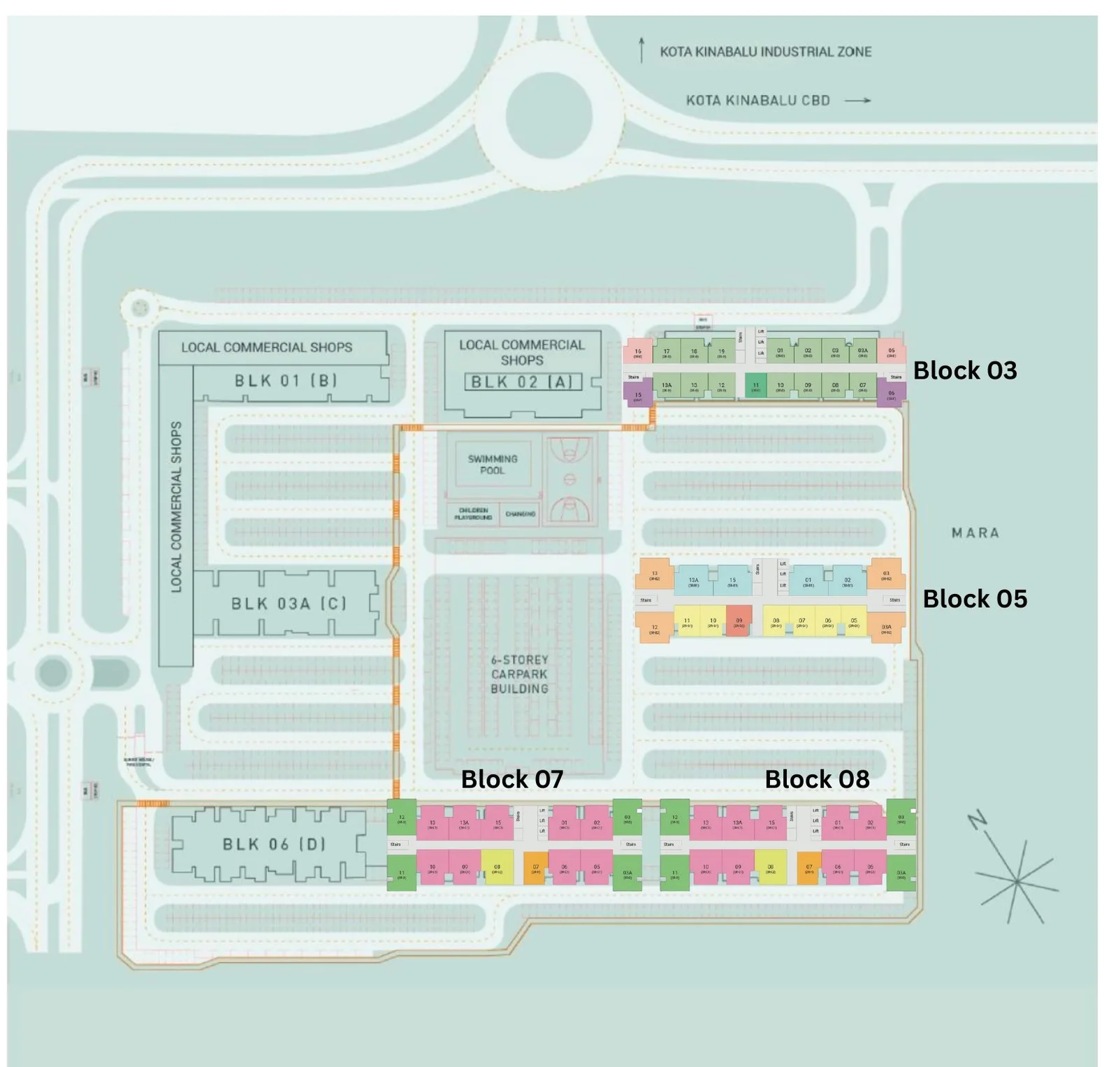沙巴亚庇工业园(KKIP)Sepanggar V21 Residence 总平面图:第二阶段 03、05、07、08 座与第一阶段楼座、泳池及多层停车场的位置(发展商常见问题表)