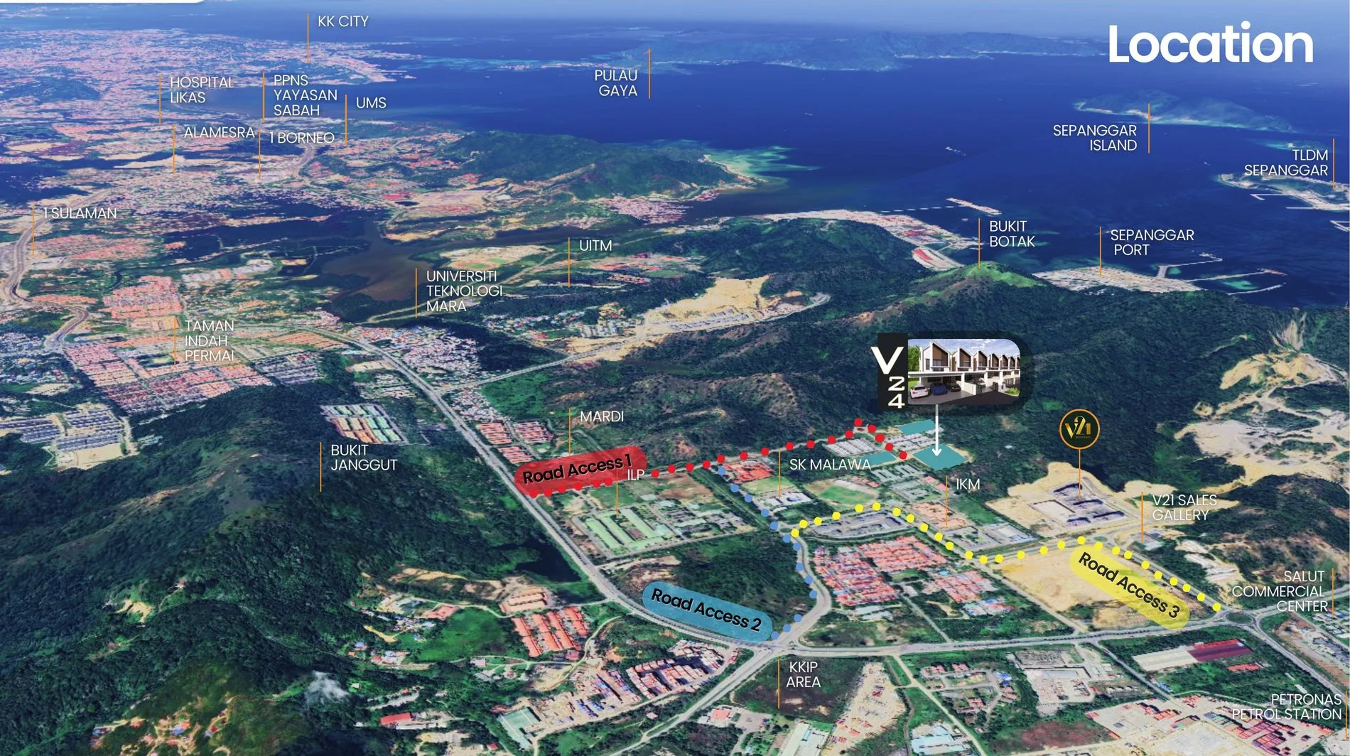沙巴亚庇工业园（KKIP）Sepanggar V24 朝亚庇市区方向的航拍图：V24、三条进出道路、UiTM、1Borneo 与 Sepanggar 港口（发展商手册）