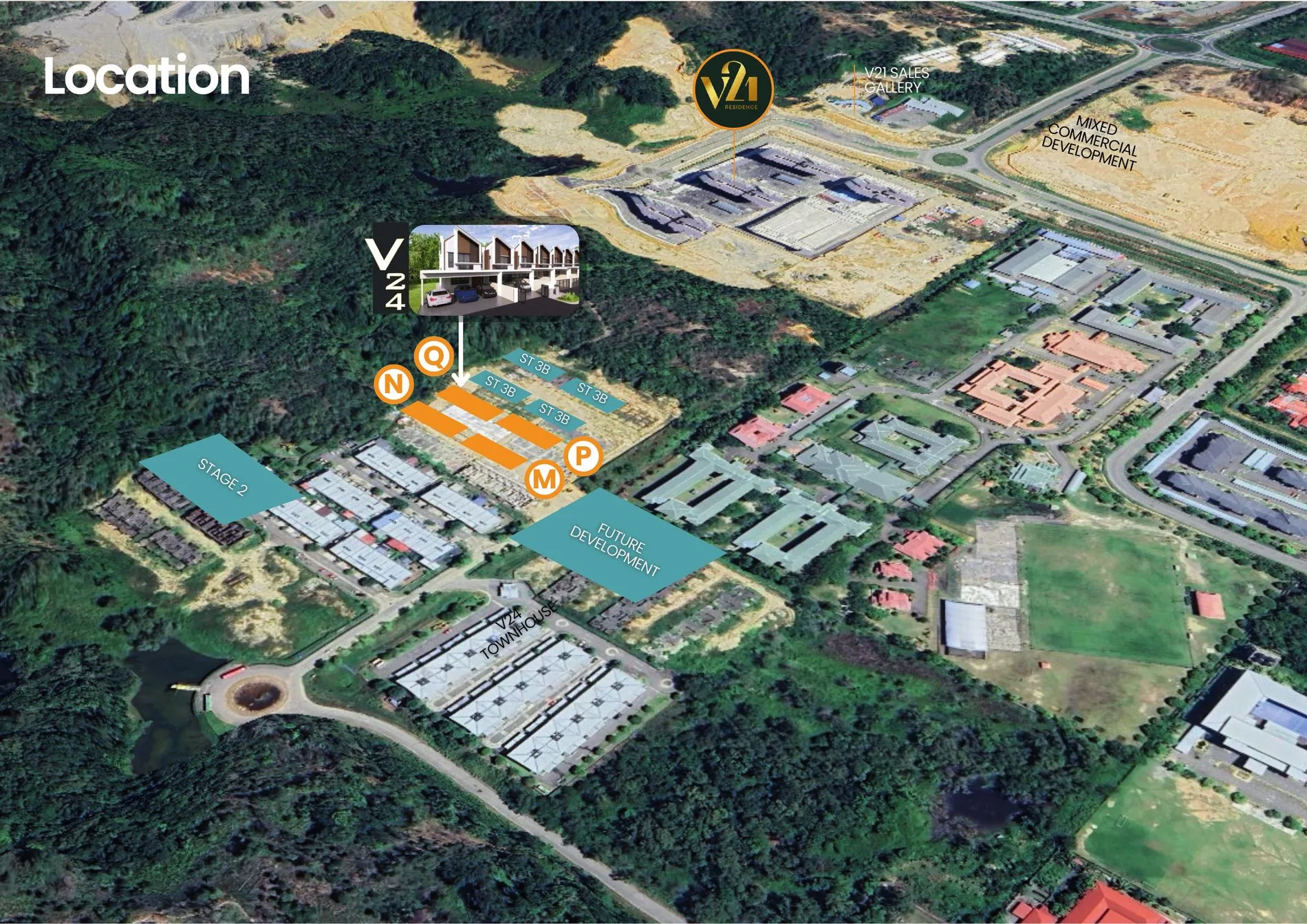 沙巴亚庇工业园（KKIP）Sepanggar V24 航拍位置图：第 3A 阶段 M、N、P、Q 座、第 3B 阶段、第 2 阶段、V24 镇屋与 V21 Residence（发展商手册）