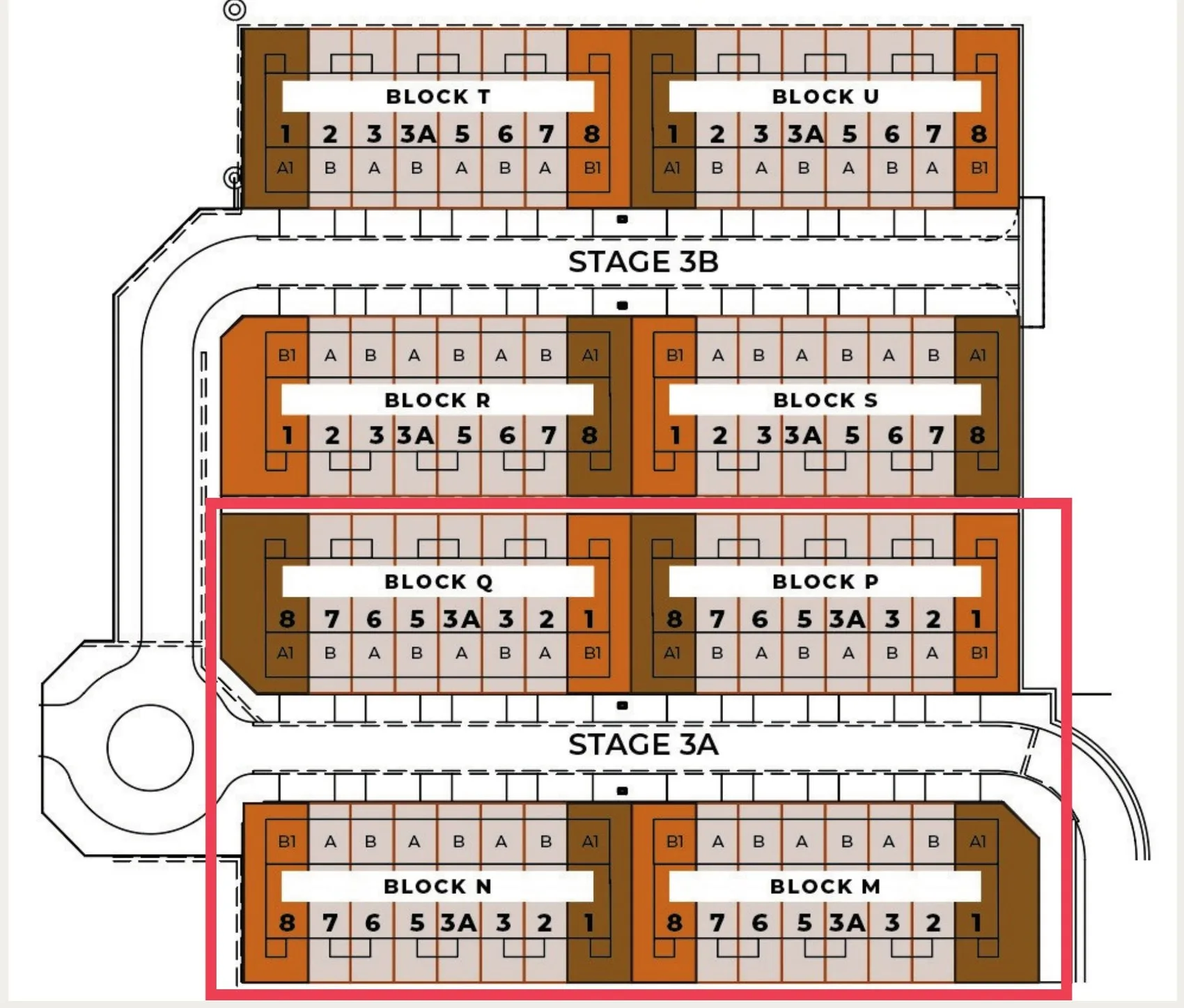 沙巴亚庇工业园（KKIP）Sepanggar V24 第 1B 期总平面图：第 3A 阶段（M、N、P、Q 座，红框）与第 3B 阶段（R、S、T、U 座），标示地段编号与房型（发展商手册）