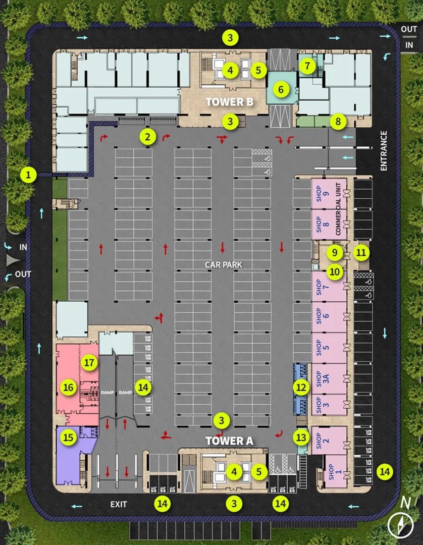 Versa ground floor plan showing the car park, lobbies and commercial units, Batu Kawan, Penang — from the developer's microsite