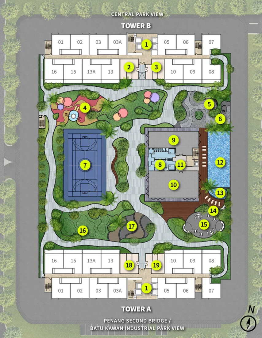 Versa Level 5 facilities deck plan between Tower A and Tower B, Batu Kawan, Penang — from the developer's microsite