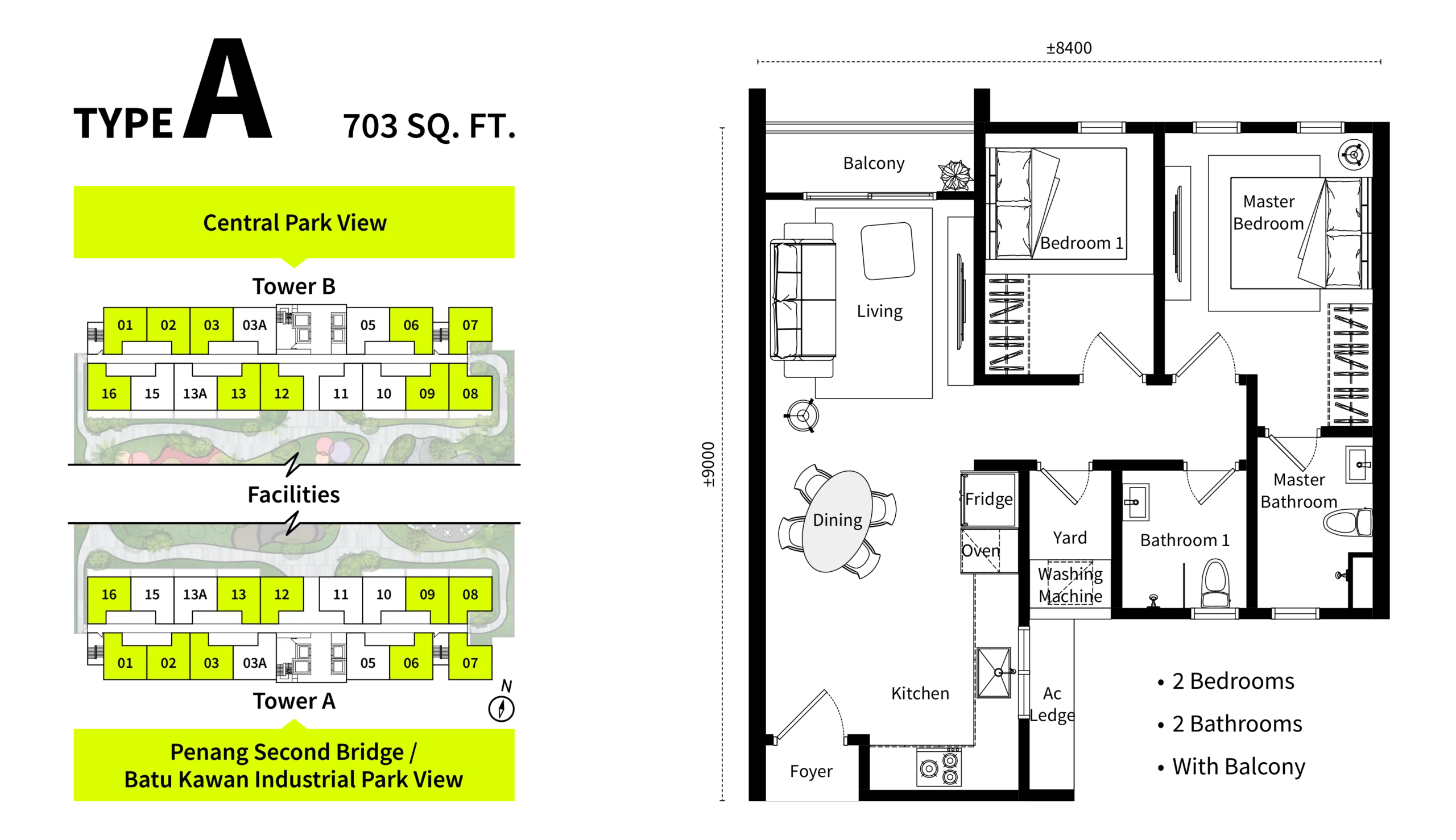 Versa Type A floor plan — 703 sq ft, two bedrooms, two bathrooms, with balcony, Batu Kawan, Penang