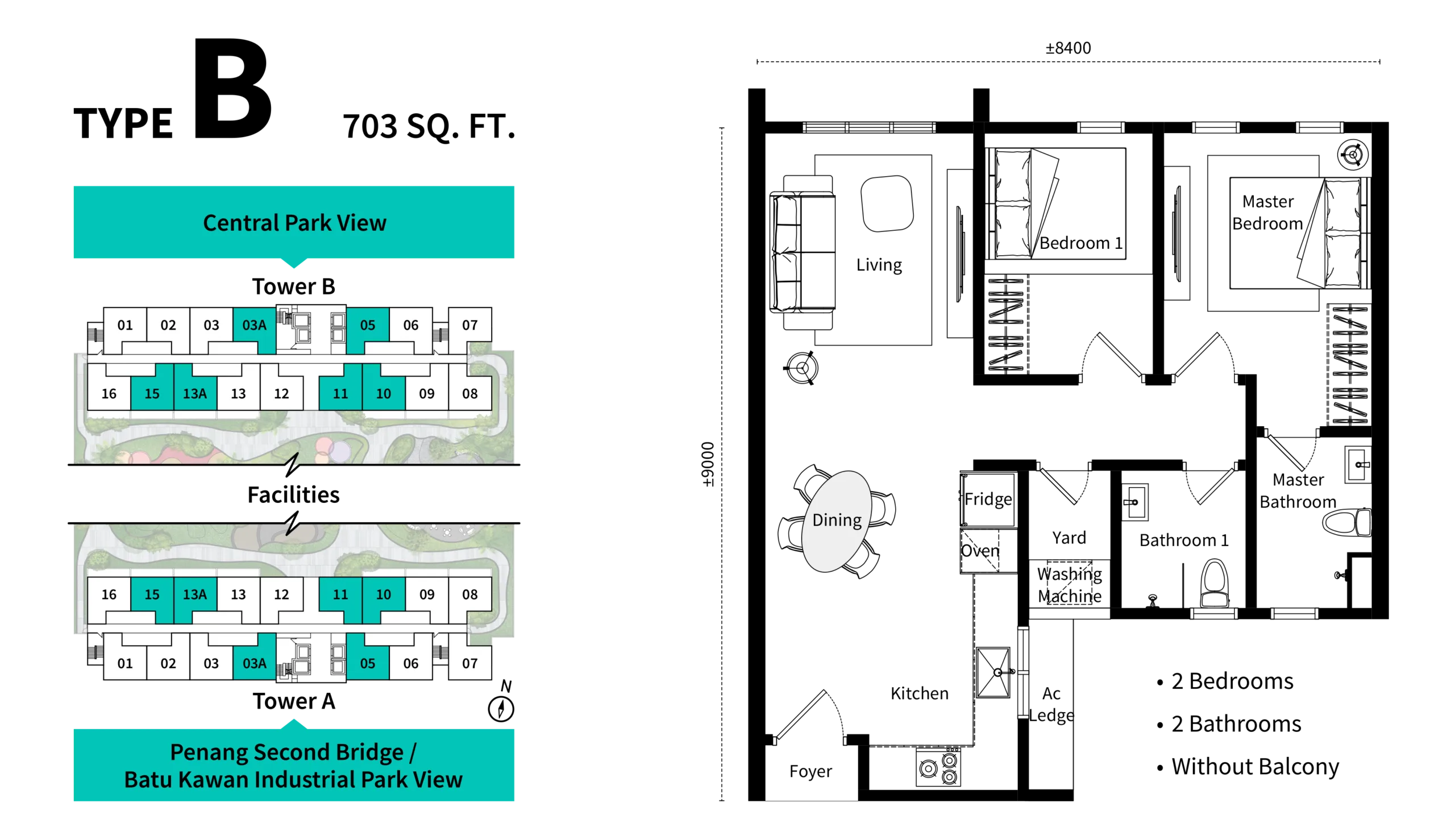 Versa Type B floor plan — 703 sq ft, two bedrooms, two bathrooms, without balcony, Batu Kawan, Penang