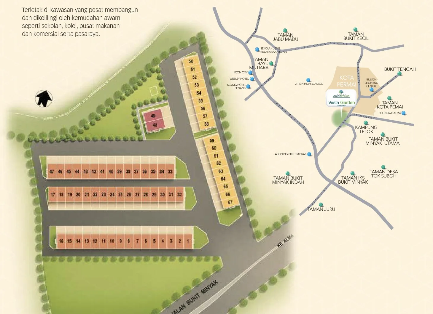 Vesta Garden site plan with lots 1 to 67 off Jalan Bukit Minyak and the developer's location plan of Kota Permai, Bukit Mertajam, Penang