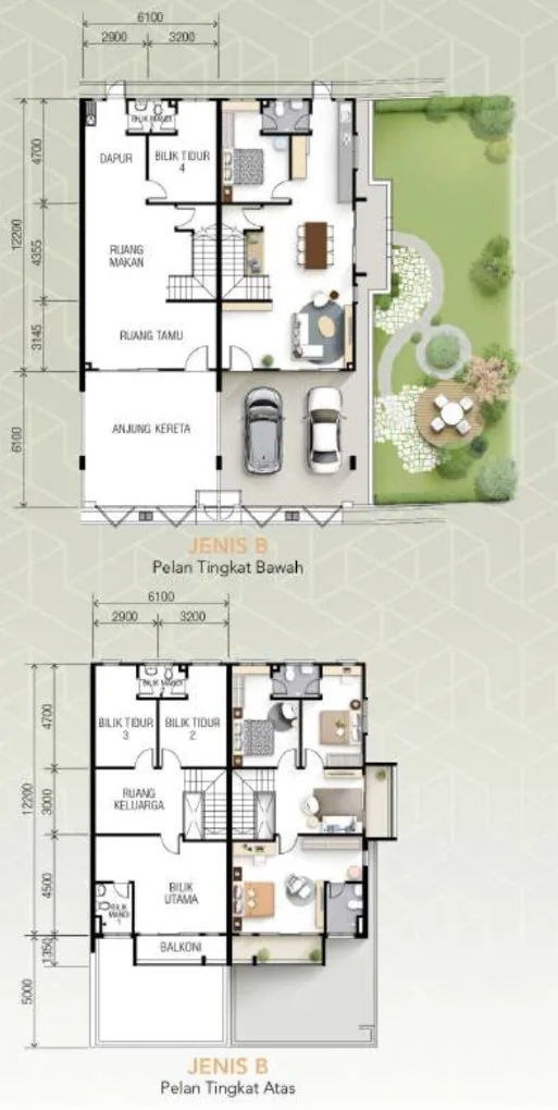Vesta Garden Type B two-storey terrace floor plan, ground floor and first floor, Bukit Mertajam, Penang