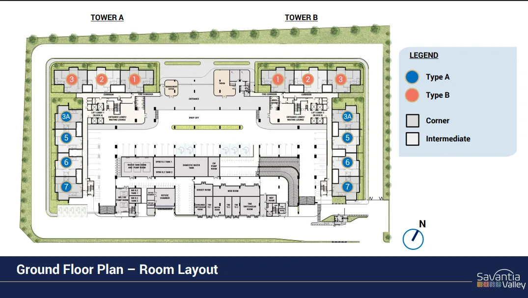 Vi Residence ground floor plan showing Type A and Type B unit positions in Tower A and Tower B, Batu Kawan, Penang