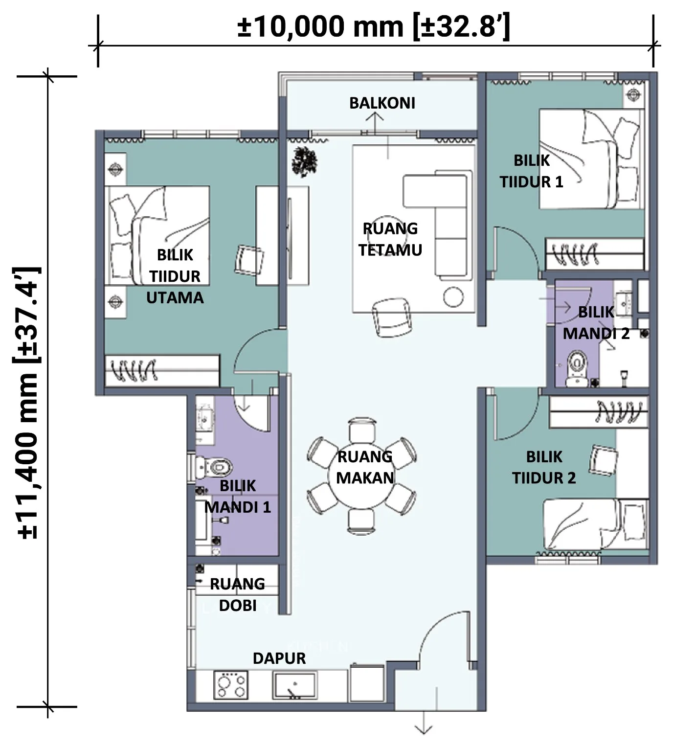 Vi Residence Type A floor plan with three bedrooms and two bathrooms, from the developer's filed advertisement, Batu Kawan, Penang
