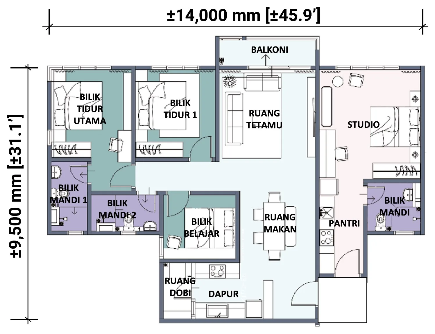 Vi Residence Type B floor plan with two bedrooms, a study and a self-contained studio, from the developer's filed advertisement, Batu Kawan, Penang