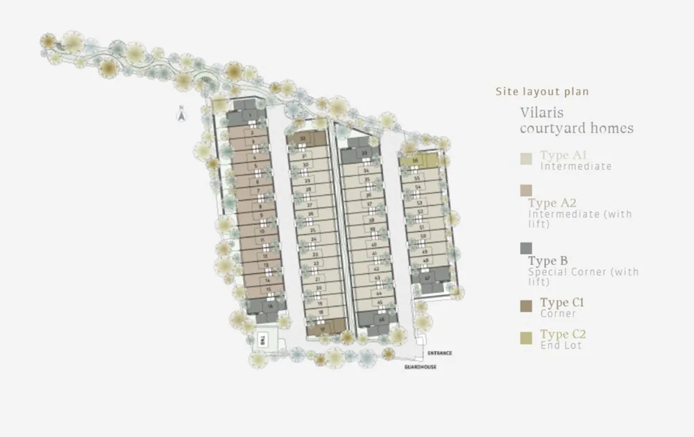 Vilaris Courtyard site layout plan showing lots 1 to 56 in four rows with the entrance and guardhouse, Batu Uban, Penang