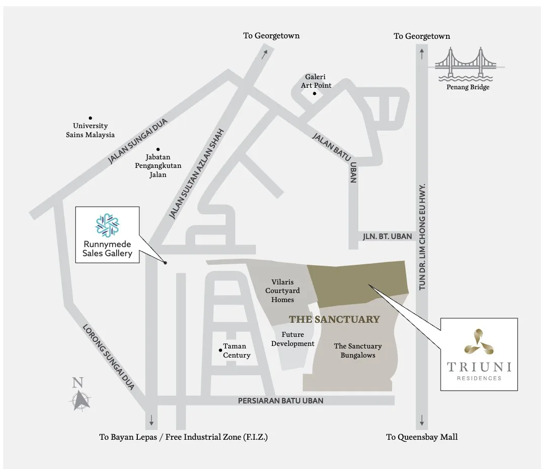Location map of The Sanctuary in Batu Uban with Vilaris Courtyard Homes, The Sanctuary Bungalows and Triuni Residences labelled, Penang