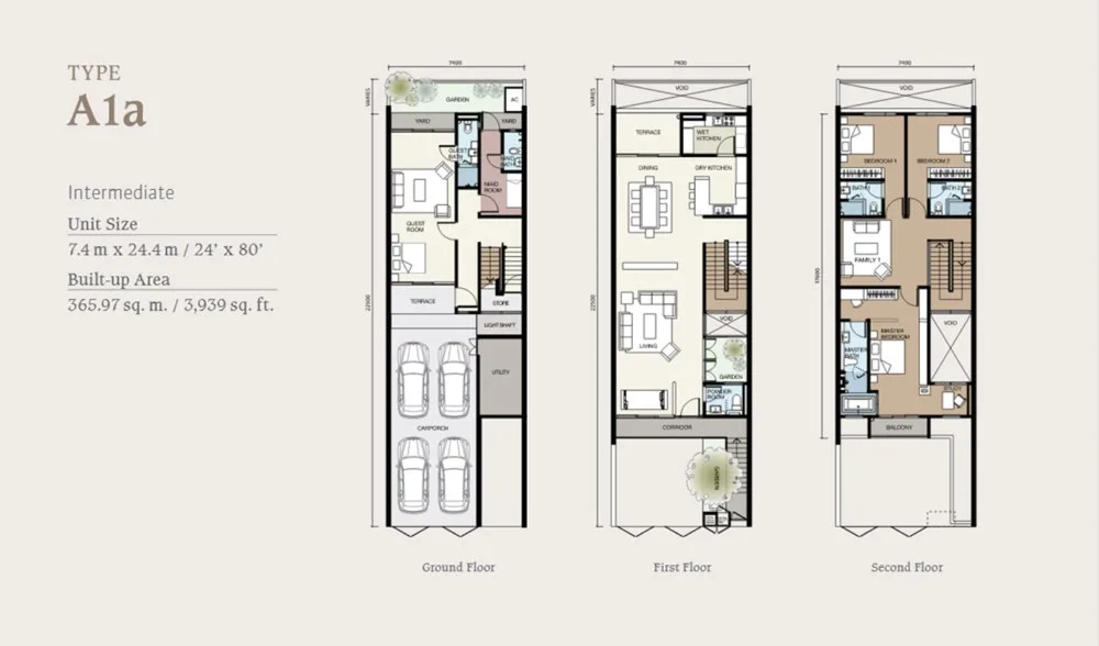 Vilaris Courtyard Type A1a intermediate floor plan, ground, first and second floors, 3,939 sq ft, Batu Uban, Penang