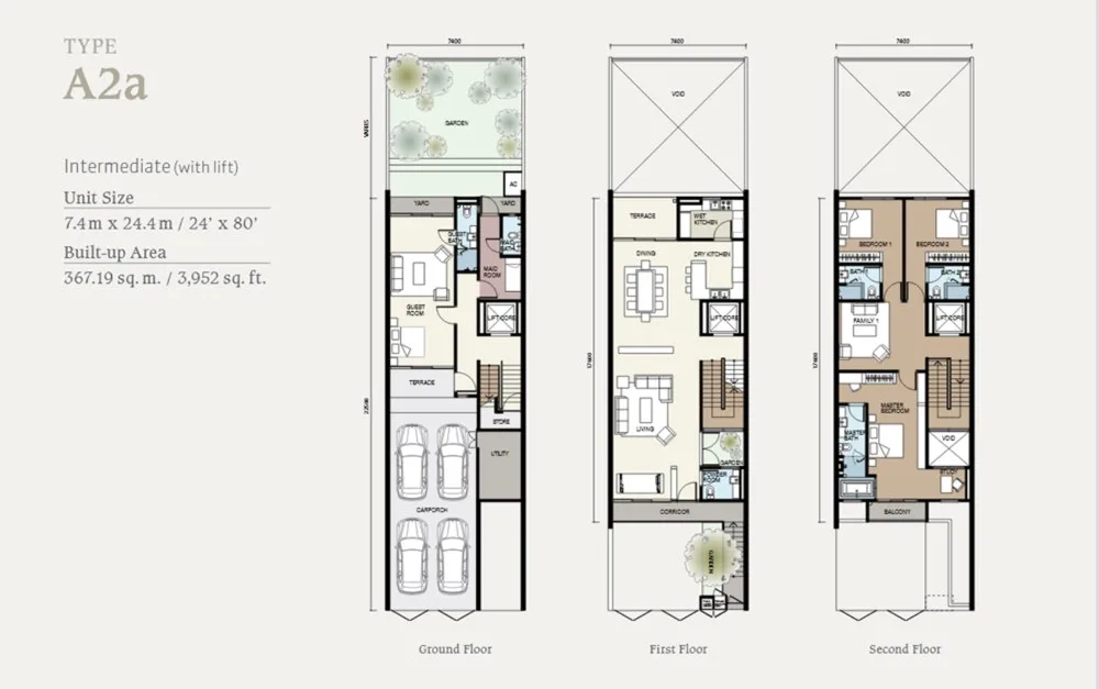 Vilaris Courtyard Type A2a intermediate floor plan with home lift, ground, first and second floors, 3,952 sq ft, Batu Uban, Penang