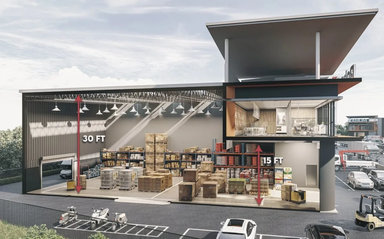 Villa Industrial Park Type A and C cut-away view with 30 ft and 15 ft heights marked, artist's impression, Permatang Tinggi, Penang