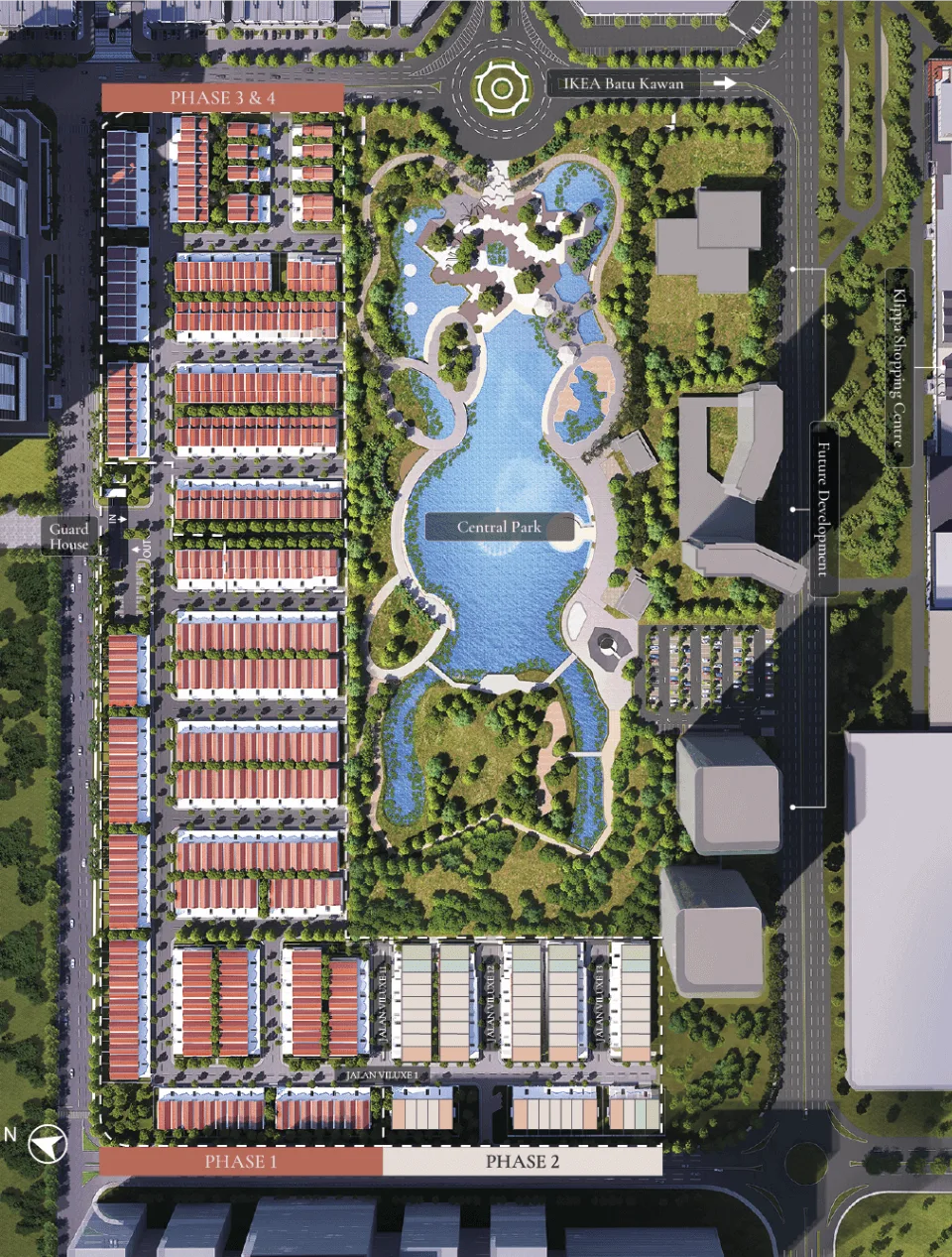 Viluxe site map published by the developer, showing Phase 1, Phase 2 and Central Park, Batu Kawan, Penang