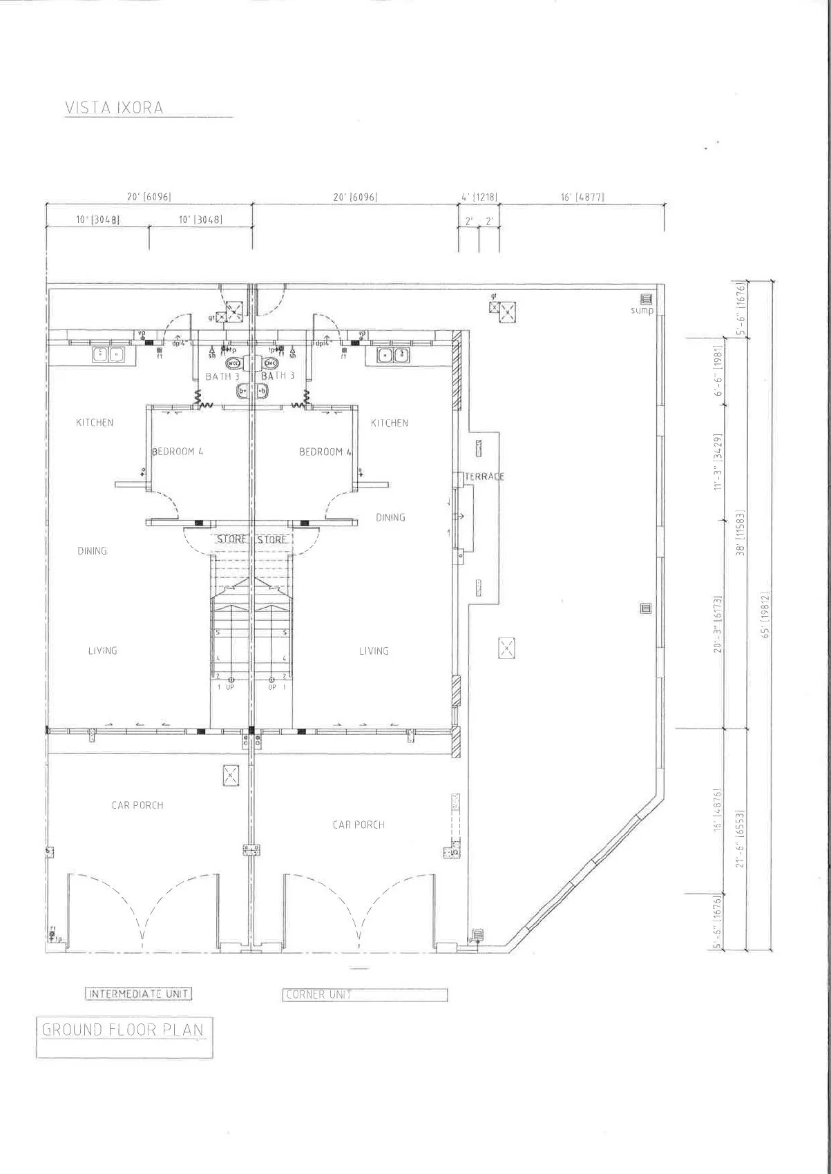 Ground floor plan of Vista Ixora intermediate and corner units with side terrace, Lahat, Ipoh