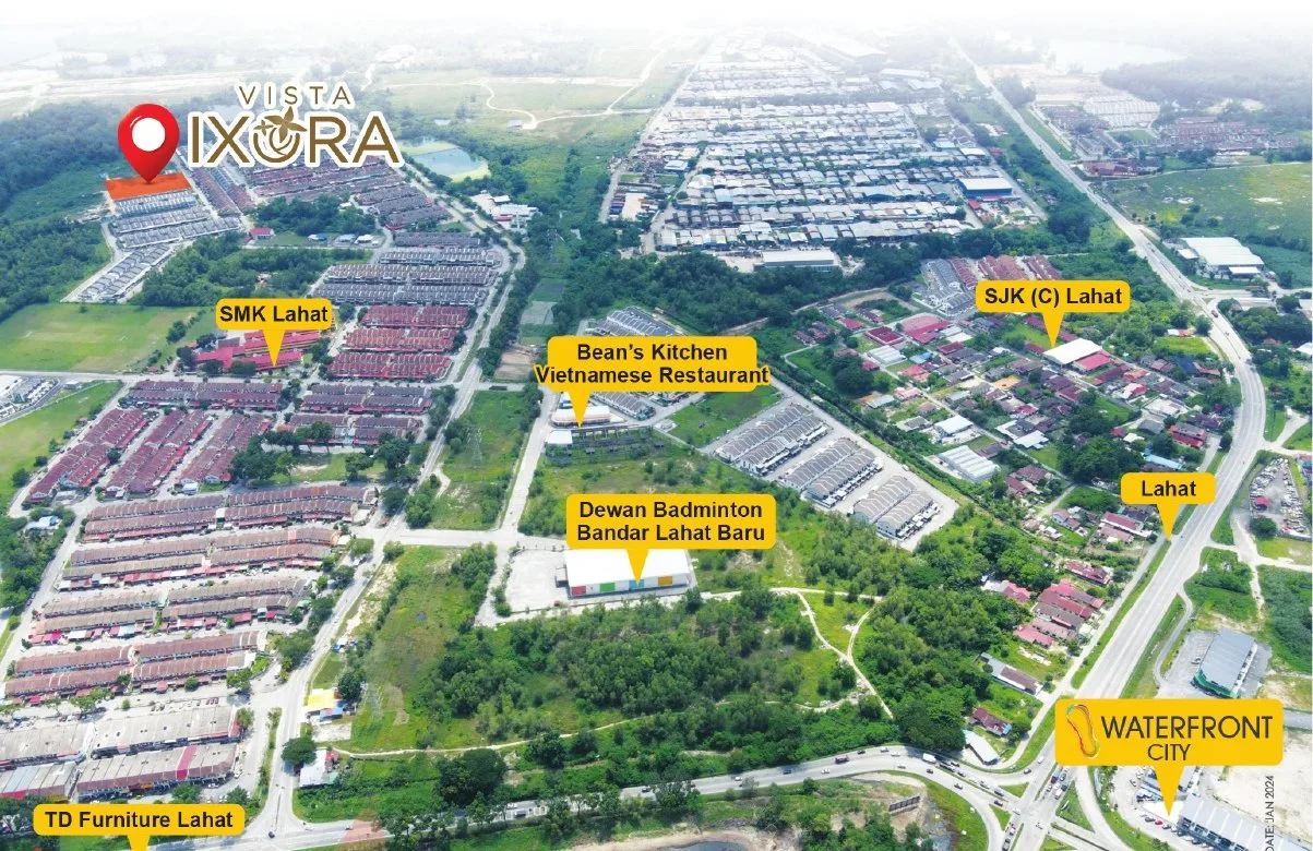 Aerial view of the Vista Ixora site with SMK Lahat, SJK (C) Lahat and Waterfront City marked, Lahat, Ipoh, Perak