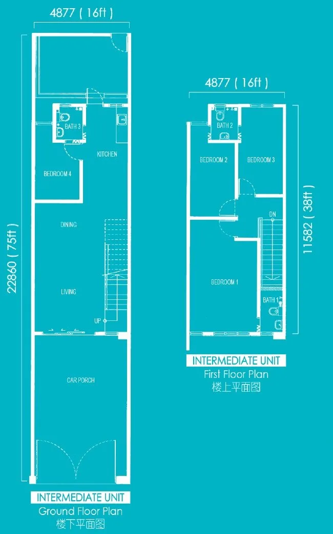 Ground and first floor plans of the 16 x 75 ft intermediate double-storey terrace at Vista Tropika by Excellent Realty, Lahat, Ipoh, Perak