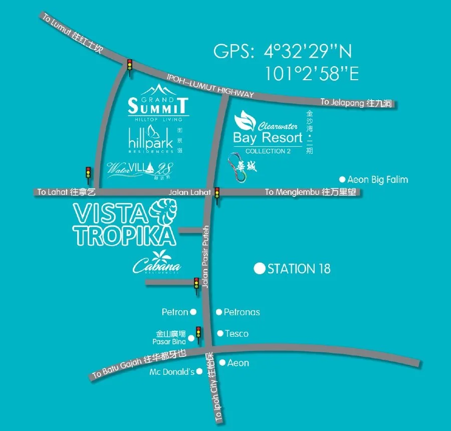 Developer location map of Vista Tropika on Jalan Lahat near Station 18 and the Ipoh-Lumut highway, Waterfront City, Ipoh, Perak