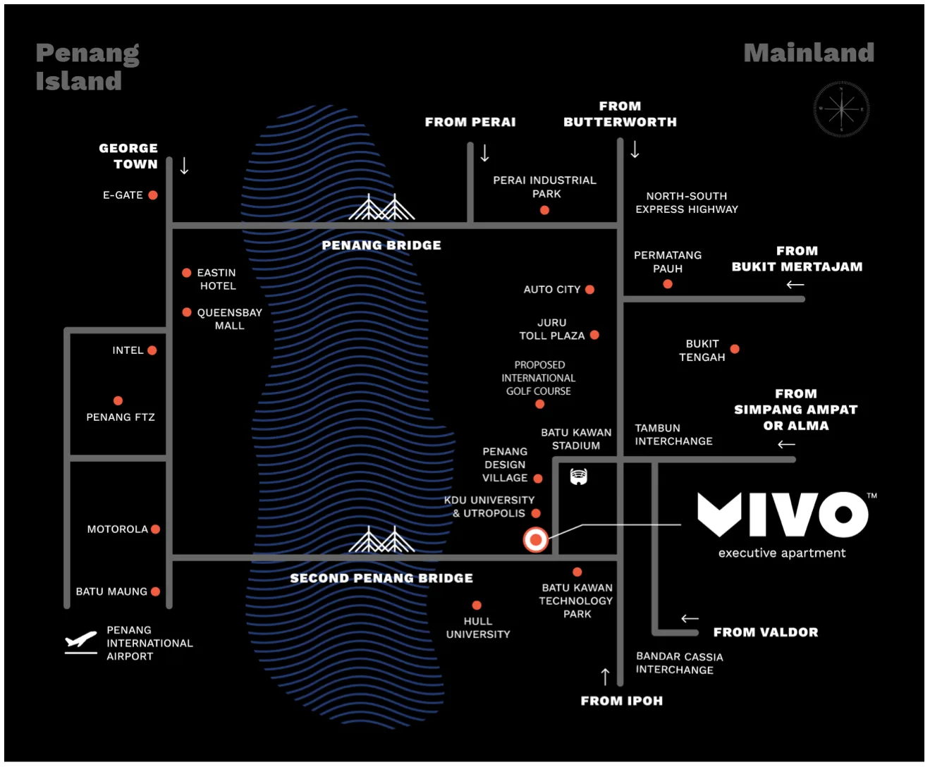 Vivo Executive Apartment location map published by the developer, showing the two Penang bridges and Batu Kawan
