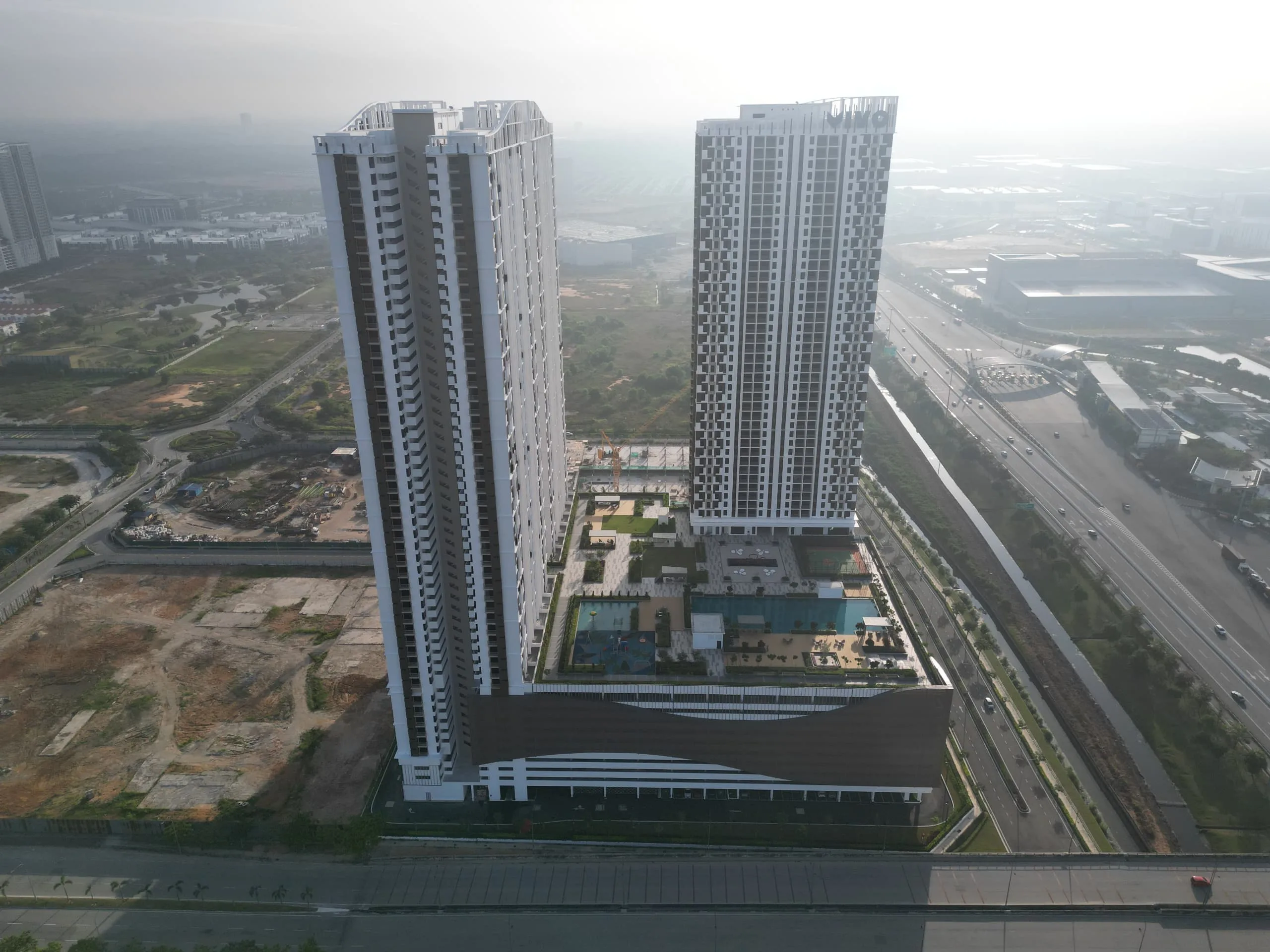 Vivo Executive Apartment aerial site photo from the developer's site-progress page, March 2025, Batu Kawan, Penang