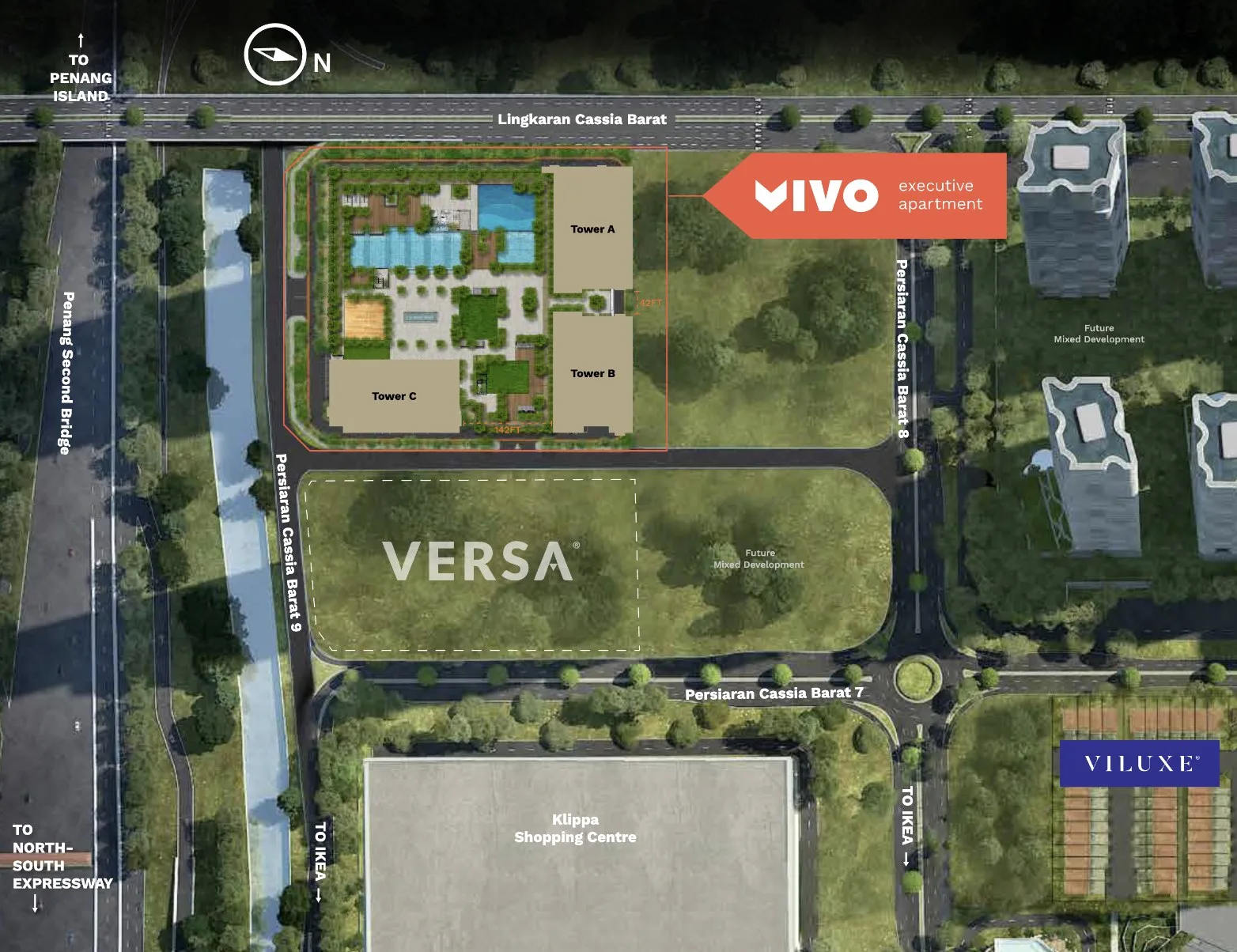 Vivo Executive Apartment site plan showing Towers A, B and C around the facilities deck, beside the Versa site and Klippa Shopping Centre, Batu Kawan, Penang