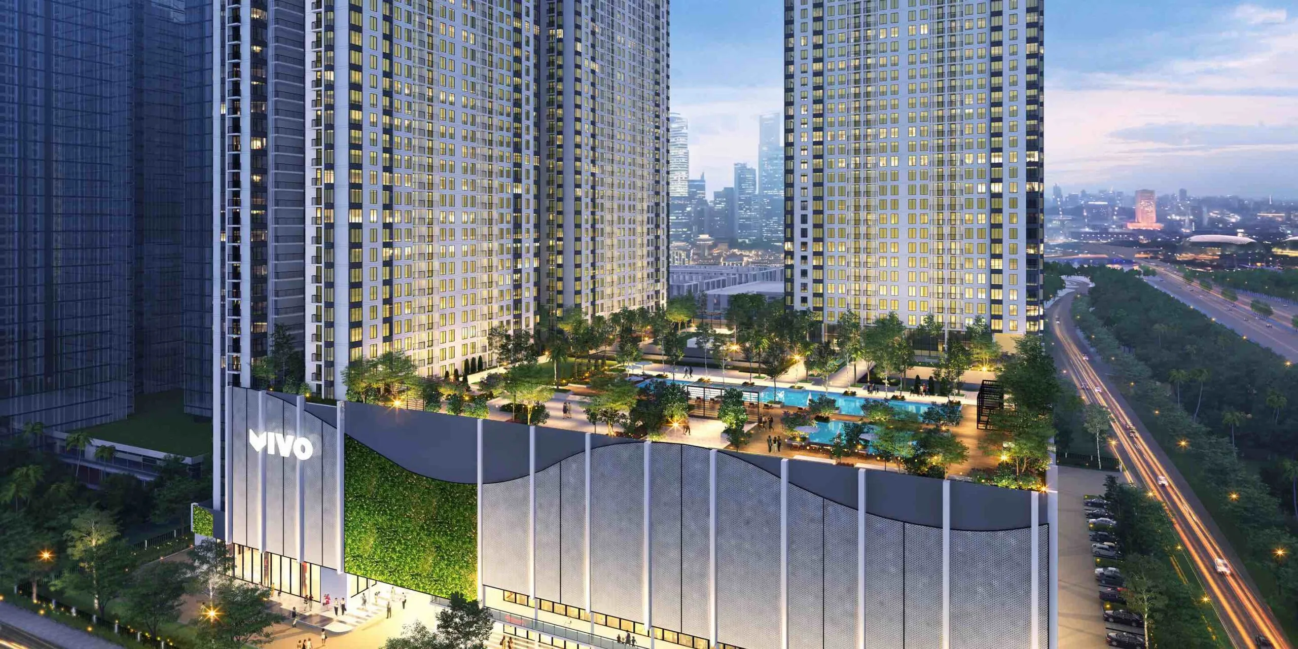 Vivo Executive Apartment artist's impression of the towers rising above the podium and facilities deck, Batu Kawan, Penang — from the developer's microsite