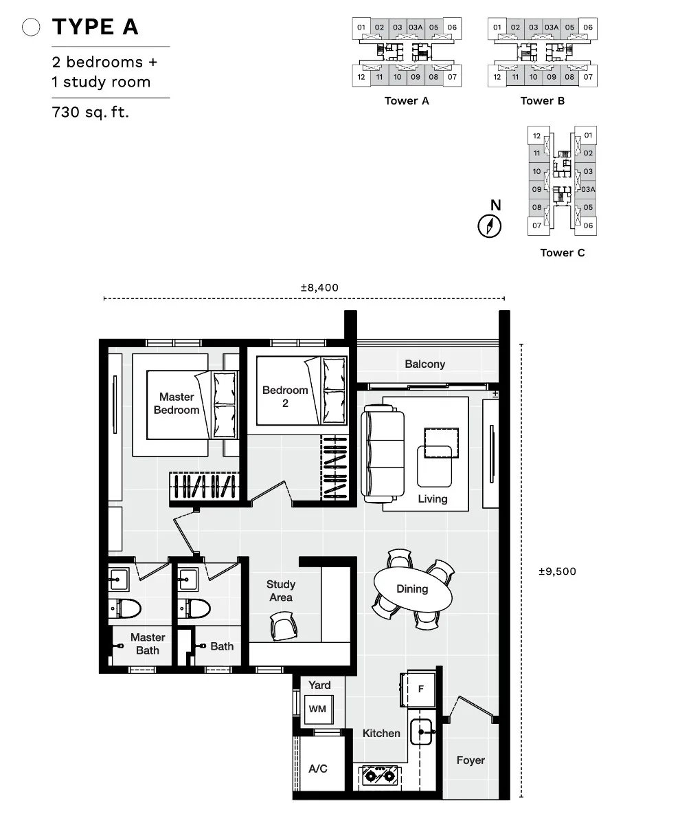 Vivo Executive Apartment Type A floor plan, two bedrooms plus a study, from the developer's e-brochure, Batu Kawan, Penang