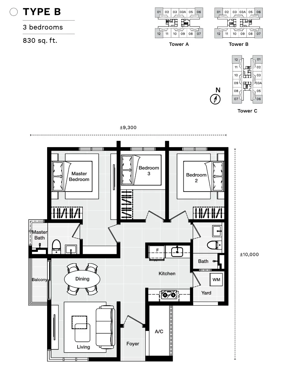 Vivo Executive Apartment Type B floor plan, three bedrooms, from the developer's e-brochure, Batu Kawan, Penang
