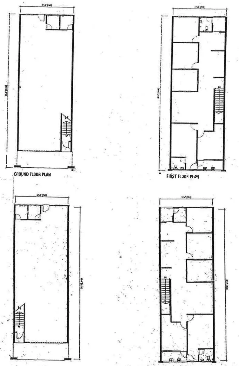 Floor plans of a double-storey shop office at Waterfront Celebration Village, Sungai Siput, Perak: ground and first floors of two adjoining units