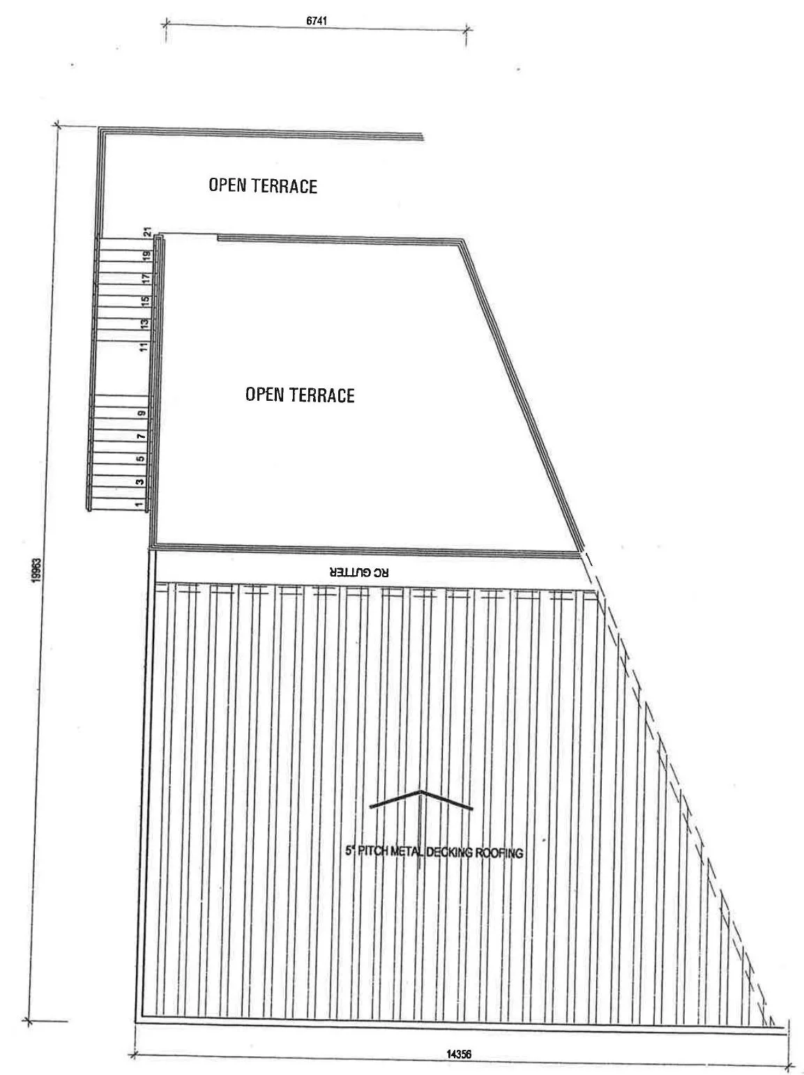 Upper level plan of corner food-stall unit Stall 1 at Waterfront Celebration Village, Sungai Siput, Perak, showing open terraces and metal-deck roof