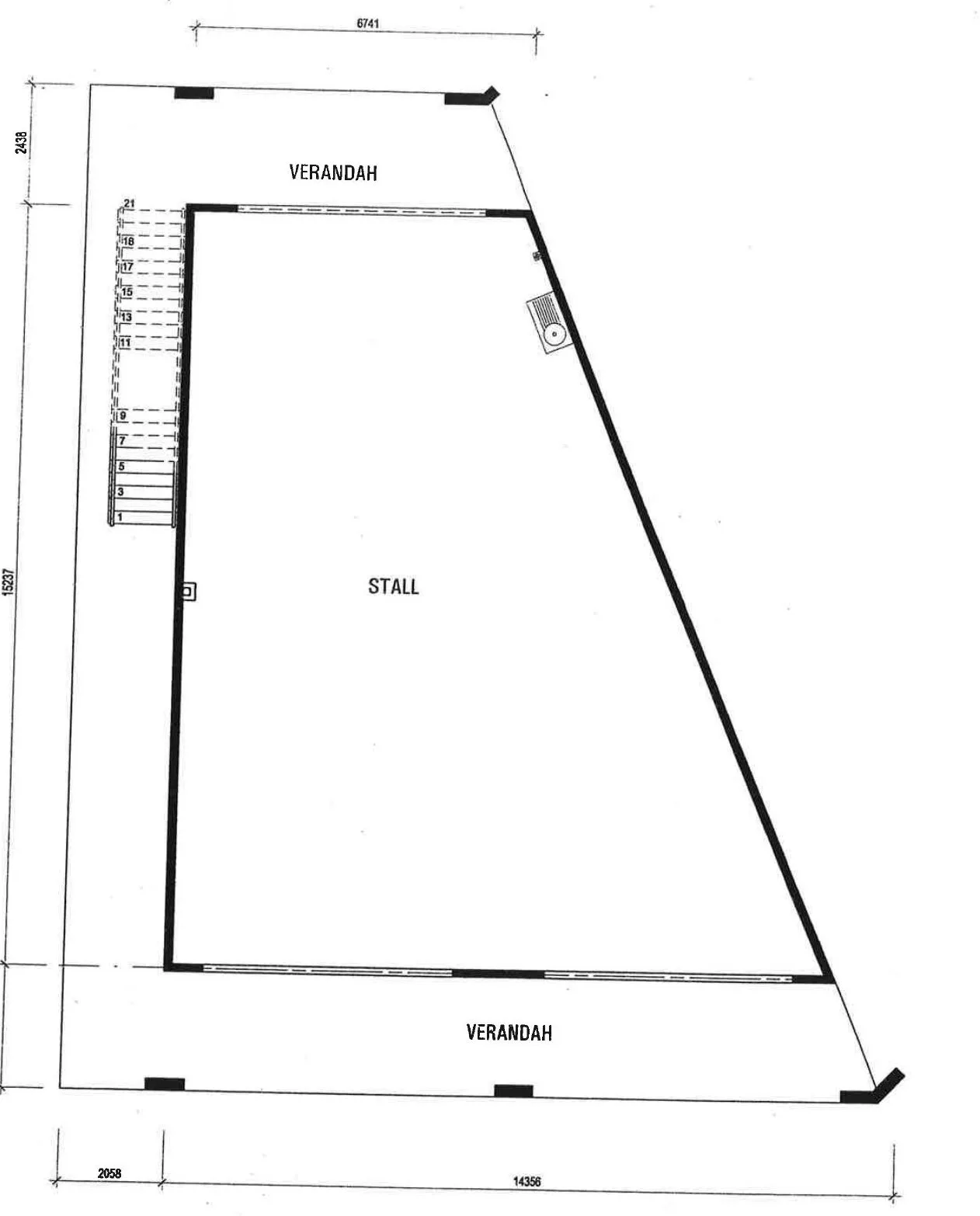 Ground floor plan of corner food-stall unit Stall 1 (1.5-storey) at Waterfront Celebration Village, Sungai Siput, Perak
