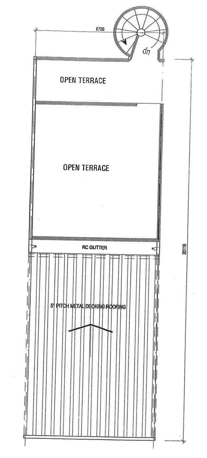Upper level plan of intermediate food-stall unit Stall 22 at Waterfront Celebration Village, Sungai Siput, Perak, with spiral stair and open terraces