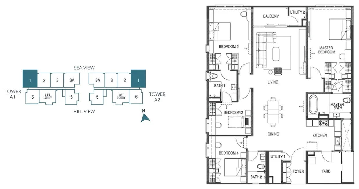 Waterstone Type A1 floor plan with the developer's key plan, four bedrooms and three bathrooms, Unit 1 on Levels 33 to 39, Tanjung Bungah, Penang